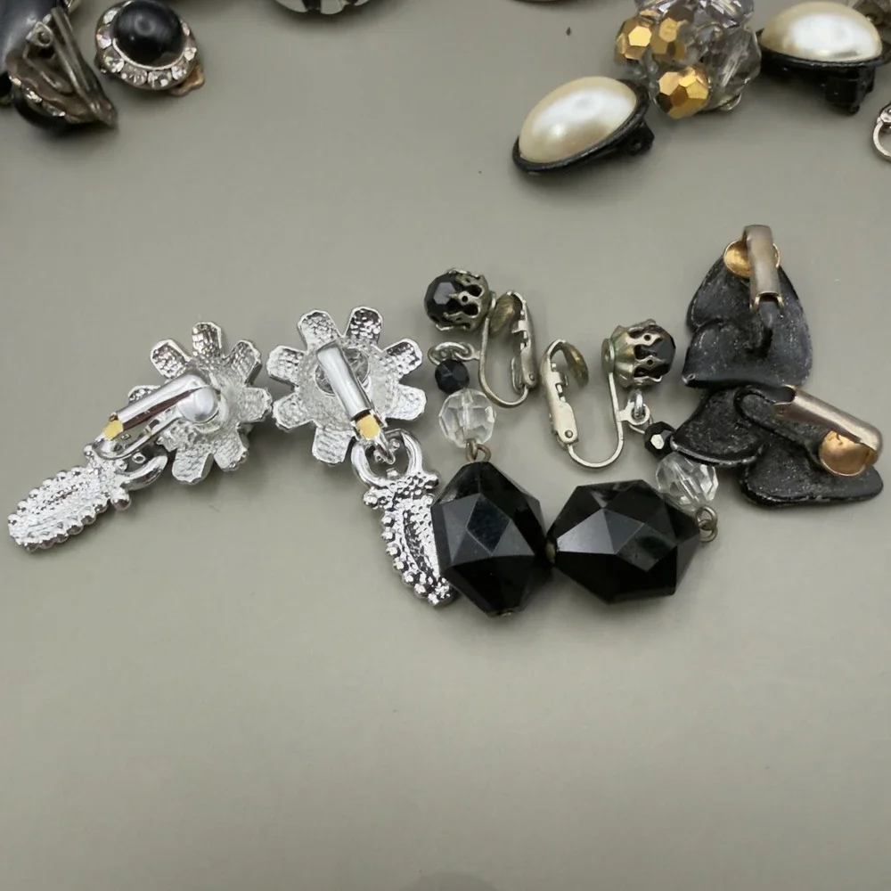 Vintage Clip On Earring Lot 13 Pairs 80s 90s Retro Geometric Pearl Beaded Black